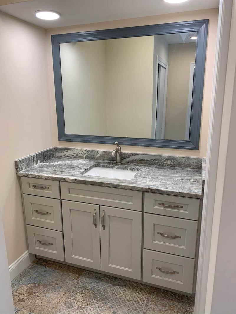 Double vanity with framed mirror